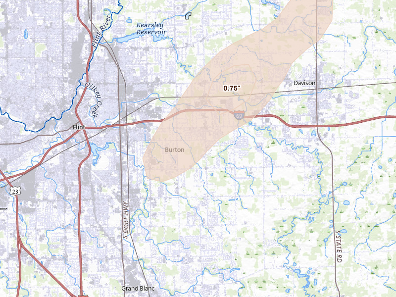 Radar-estimated hail-size map of the storm over Burton, MI on May 18, 2026
