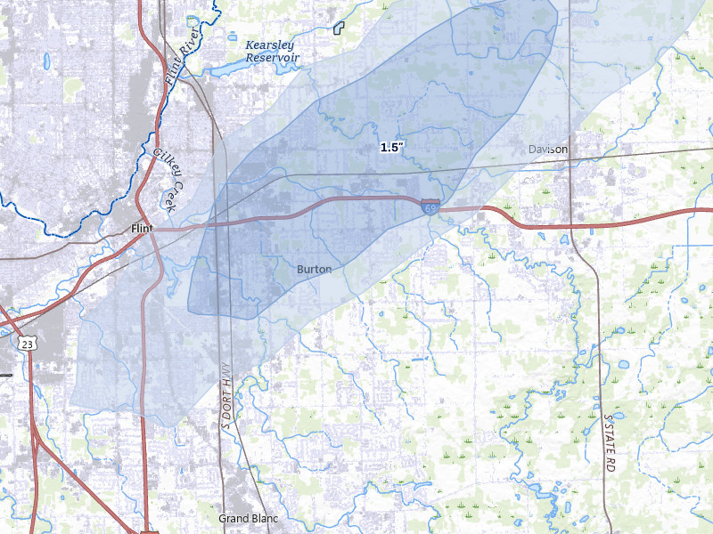 NEXRAD radar-signature map of the hail storm over Burton, MI on May 18, 2026