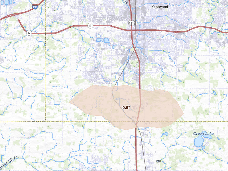 Radar-estimated hail-size map of the storm over Byron Center, MI on Aug 9, 2026