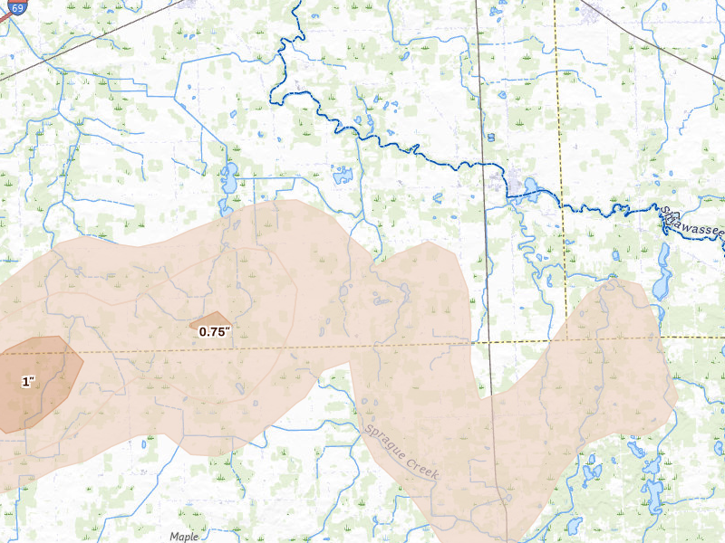 Radar-estimated hail-size map of the storm over Byron, MI on May 15, 2026