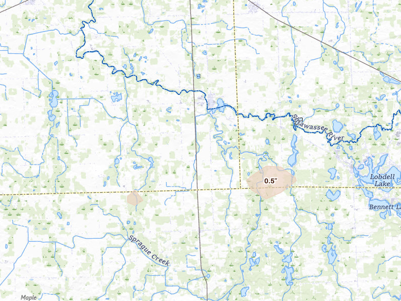 Radar-estimated hail-size map of the storm over Byron, MI on Aug 22, 2026