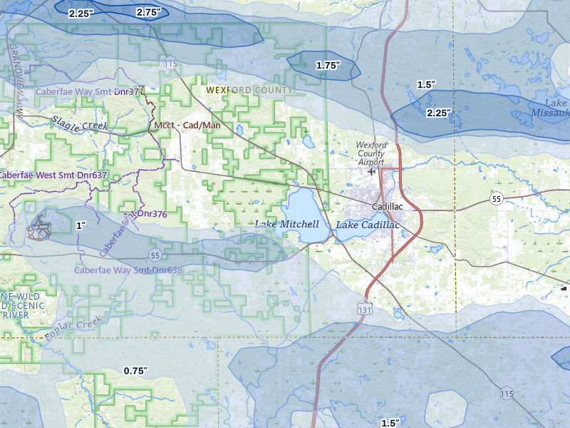 NEXRAD radar-signature map of the hail storm over Cadillac, MI on Mar 30, 2026