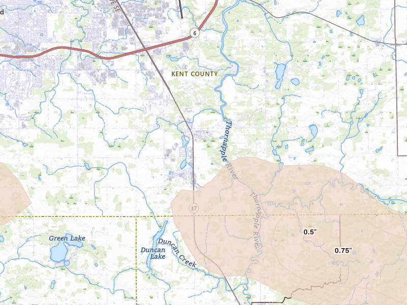 Radar-estimated hail-size map of the storm over Caledonia, MI on Aug 9, 2026