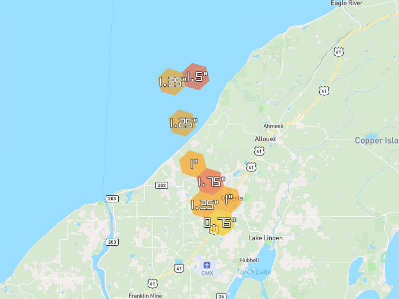 Hail map of Calumet, MI on Jul 12, 2026, hail up to 1.75"