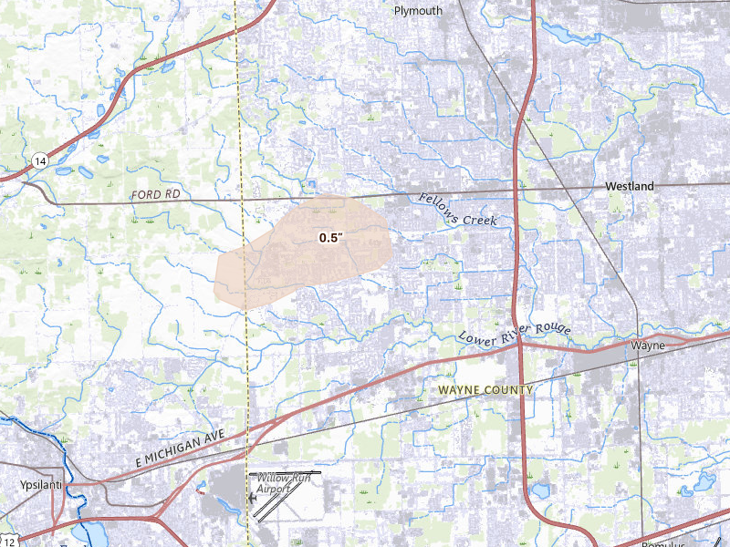 Radar-estimated hail-size map of the storm over Canton, MI on May 19, 2026