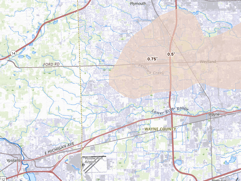 Radar-estimated hail-size map of the storm over Canton, MI on Jul 3, 2026