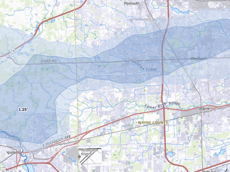 NEXRAD radar-signature map of the hail storm over Canton, MI on Jul 3, 2026