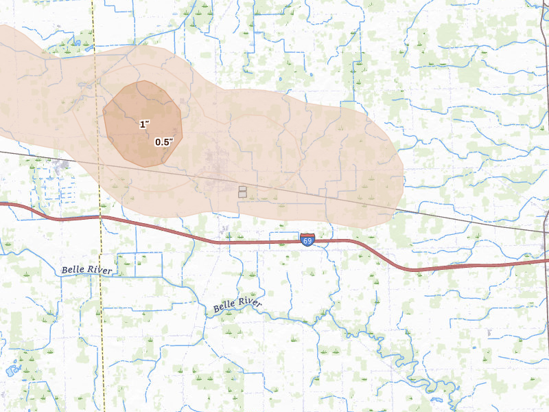 Radar-estimated hail-size map of the storm over Capac, MI on Jun 25, 2026