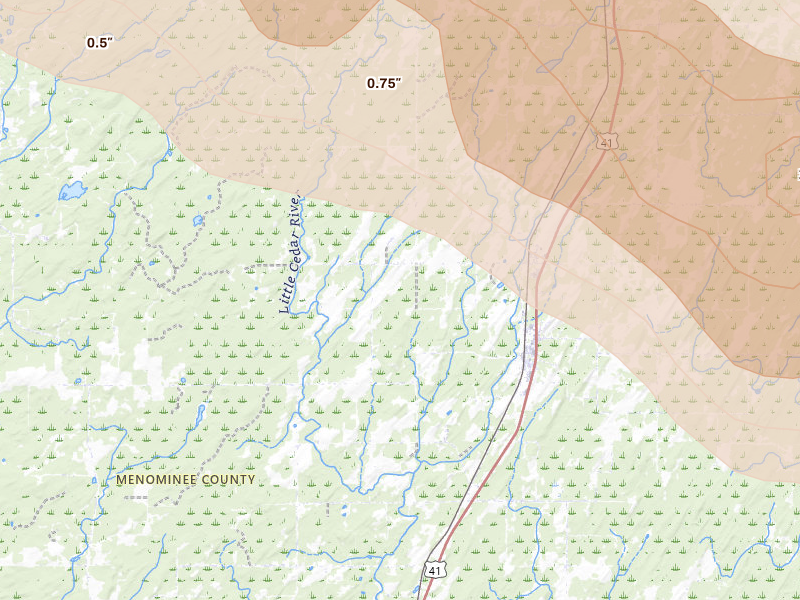 Radar-estimated hail-size map of the storm over Carney, MI on Jul 20, 2026