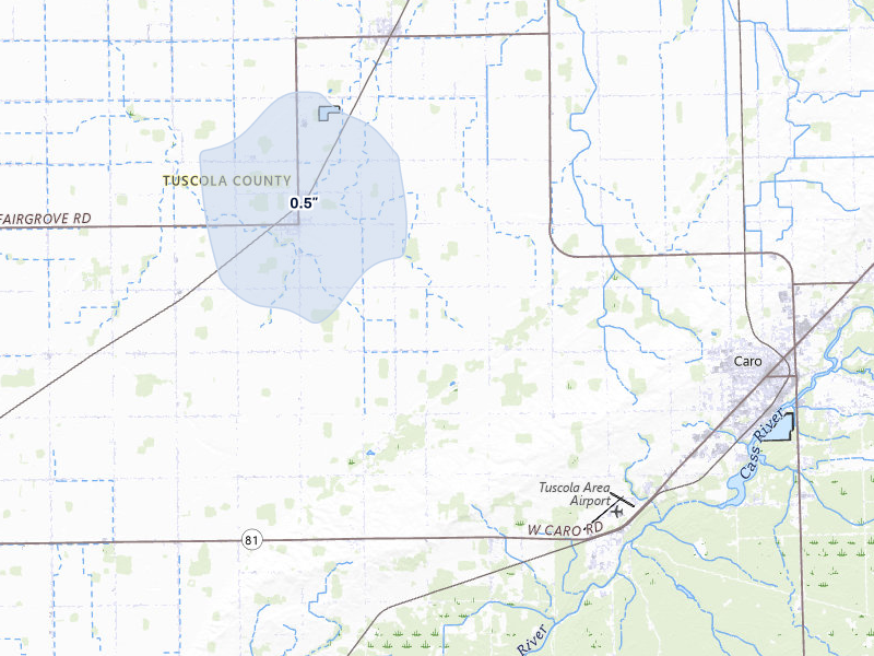 NEXRAD radar-signature map of the hail storm over Caro, MI on Mar 30, 2026