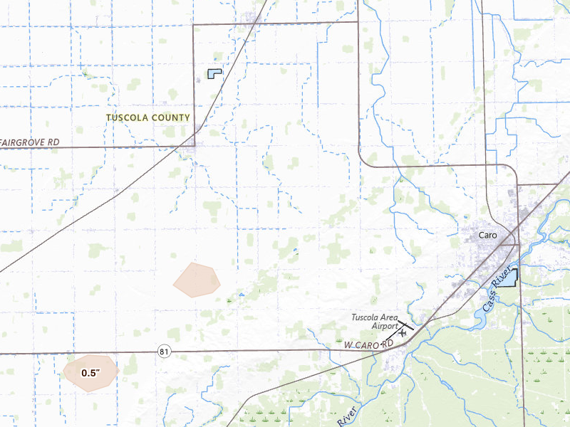 Radar-estimated hail-size map of the storm over Caro, MI on Apr 13, 2026