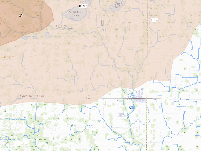 Radar-estimated hail-size map of the storm over Carson City, MI on Apr 14, 2026