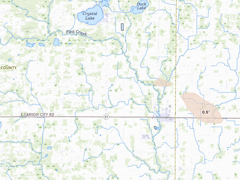Radar-estimated hail-size map of the storm over Carson City, MI on Jul 15, 2026