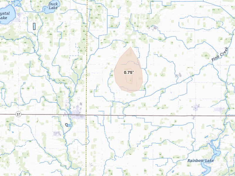 Radar-estimated hail-size map of the storm over Carson City, MI on Aug 31, 2026