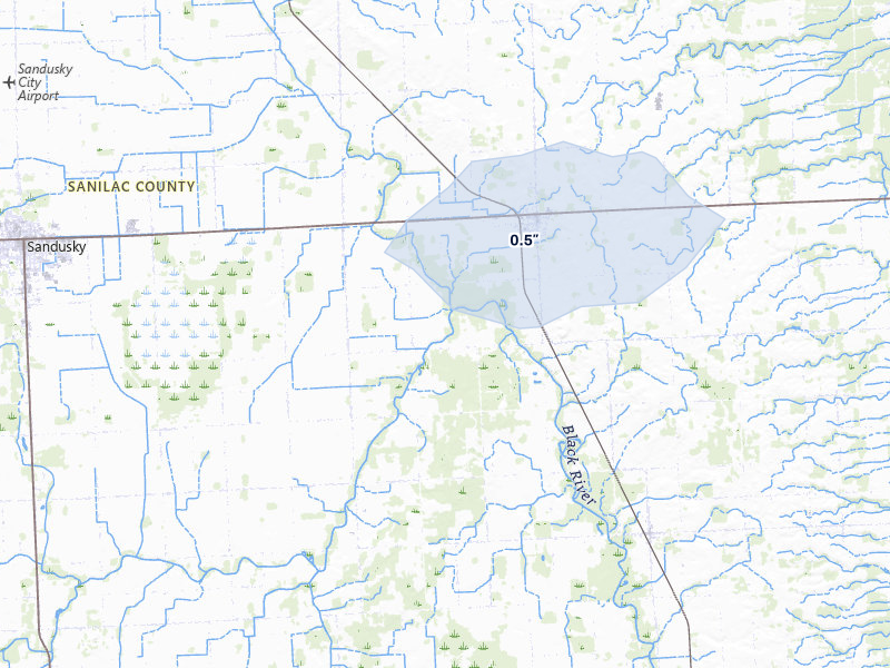 NEXRAD radar-signature map of the hail over Carsonville, MI