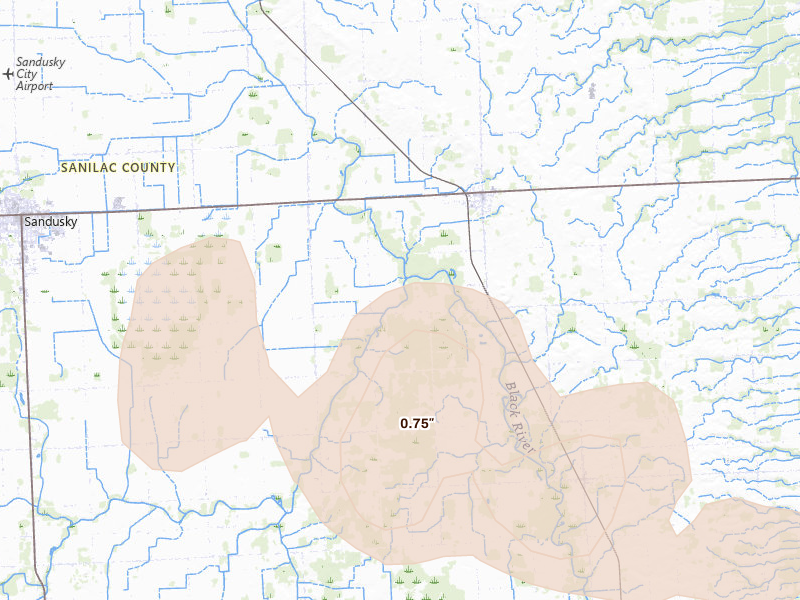 Radar-estimated hail-size map of the storm over Carsonville, MI on Sep 2, 2026