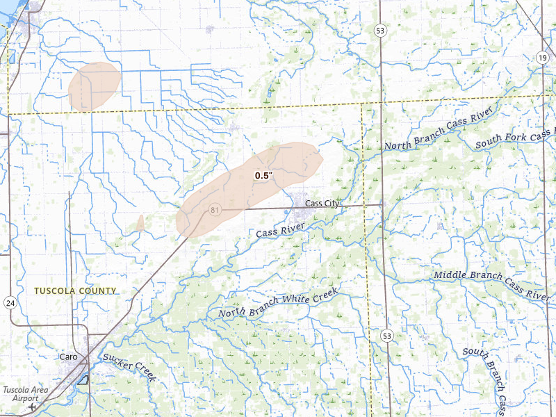 Radar-estimated hail-size map of the storm over Cass City, MI