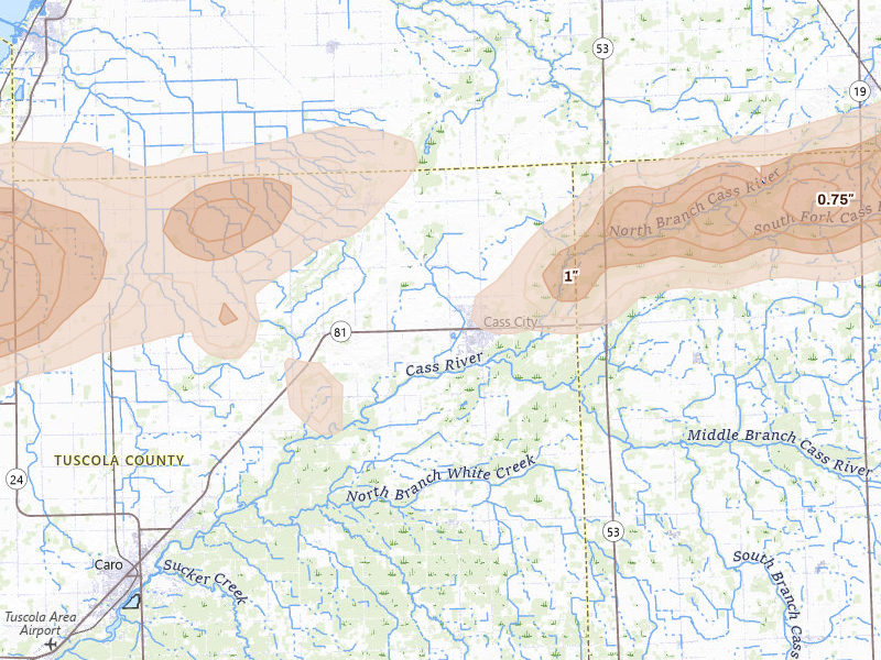 Radar-estimated hail-size map of the storm over Cass City, MI on May 17, 2026