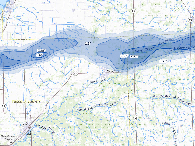 NEXRAD radar-signature map of the hail storm over Cass City, MI on May 17, 2026