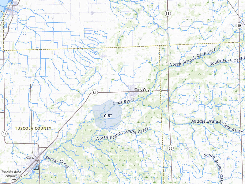 NEXRAD radar-signature map of the hail storm over Cass City, MI on May 18, 2026