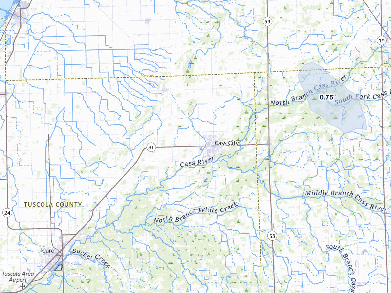 NEXRAD radar-signature map of the hail over Cass City, MI