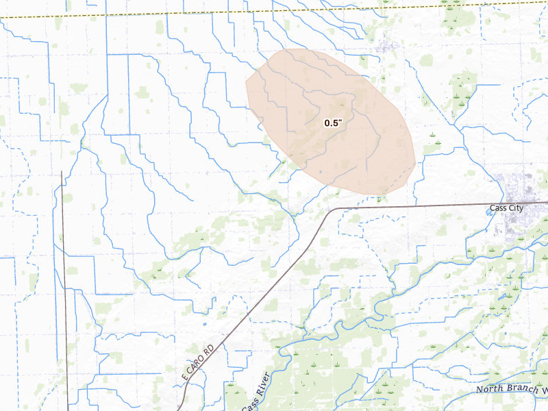 Radar-estimated hail-size map of the storm over Cass City, MI on Sep 2, 2026