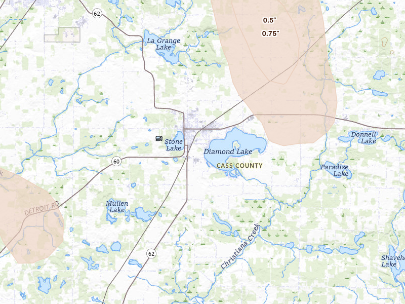 Radar-estimated hail-size map of the storm over Cassopolis, MI on Jul 27, 2026