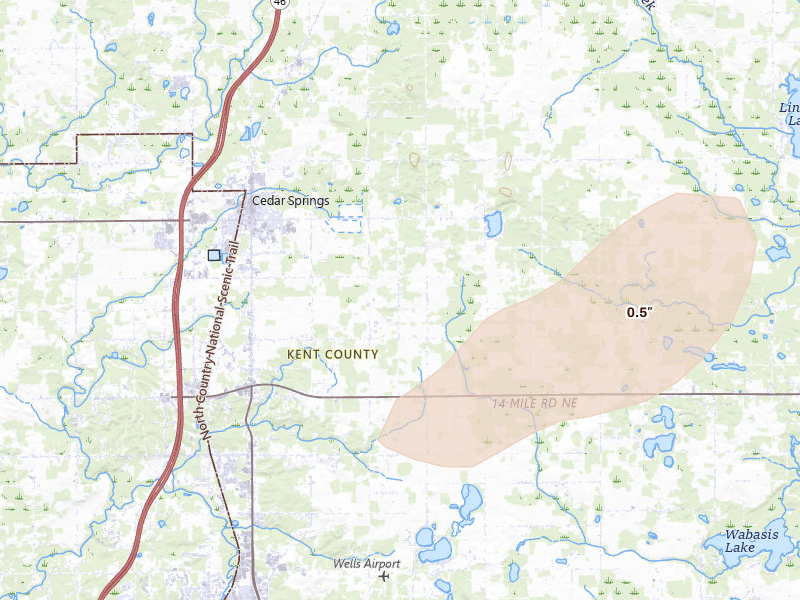 Radar-estimated hail-size map of the storm over Cedar Springs, MI on Apr 14, 2026