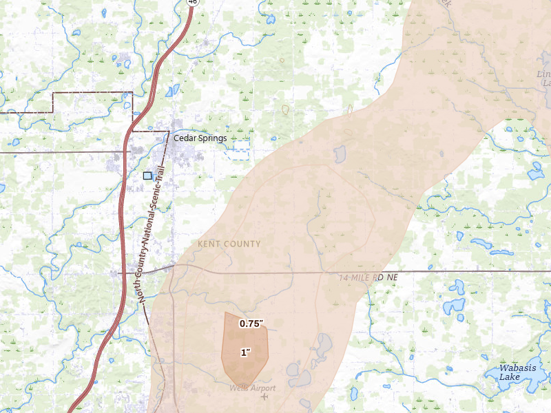 Radar-estimated hail-size map of the storm over Cedar Springs, MI on Jun 16, 2026