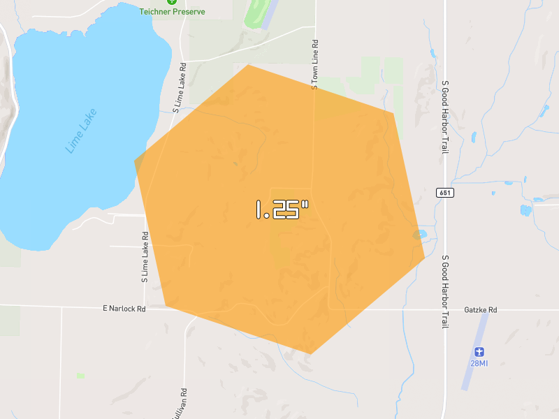 Hail map of Cedar, MI on Jul 13, 2026, hail up to 1.25"