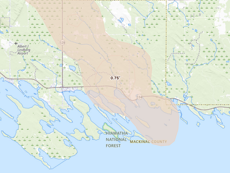 Radar-estimated hail-size map of the storm over Cedarville, MI on Jul 26, 2026