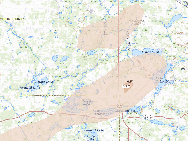 Radar-estimated hail-size map of the storm over Cement City, MI on Jul 3, 2026