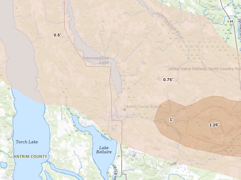 Radar-estimated hail-size map of the storm over Central Lake, MI on Jun 29, 2026