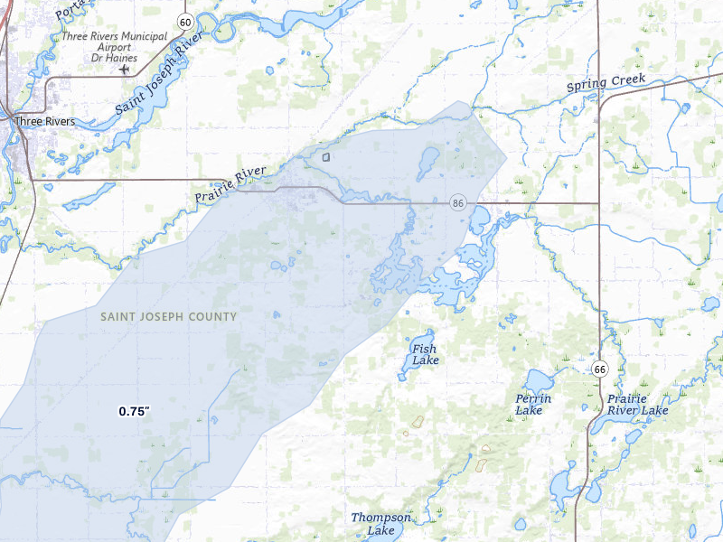NEXRAD radar-signature map of the hail over Centreville, MI