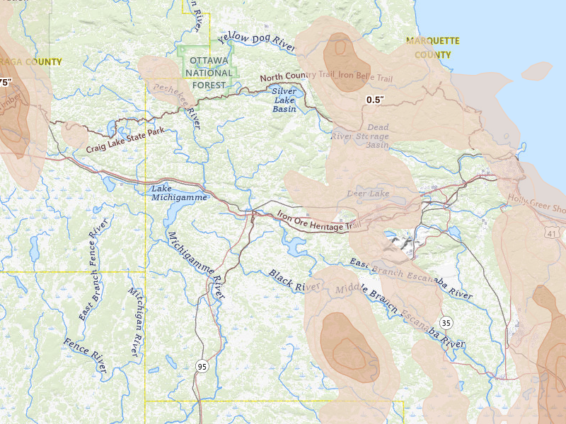 Radar-estimated hail-size map of the storm over Champion, MI on Jul 12, 2026