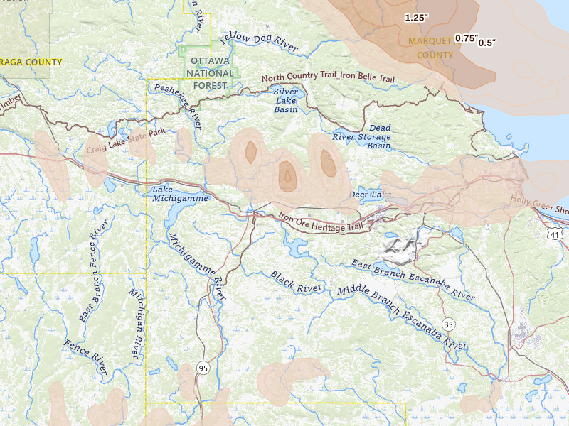 Radar-estimated hail-size map of the storm over Champion, MI on Jul 20, 2026