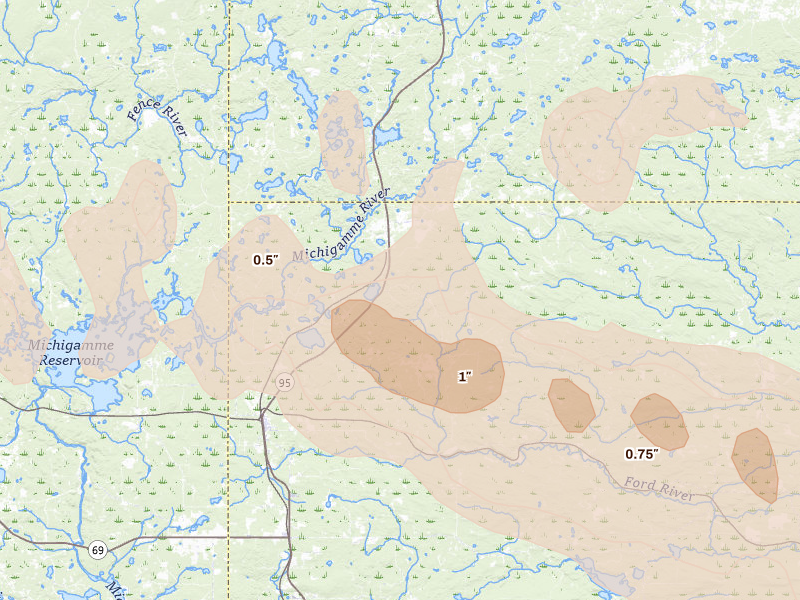 Radar-estimated hail-size map of the storm over Channing, MI on Jul 20, 2026