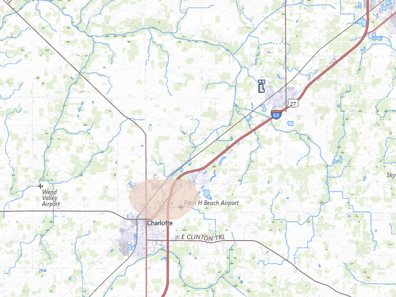 Radar-estimated hail-size map of the storm over Charlotte, MI on Mar 6, 2026
