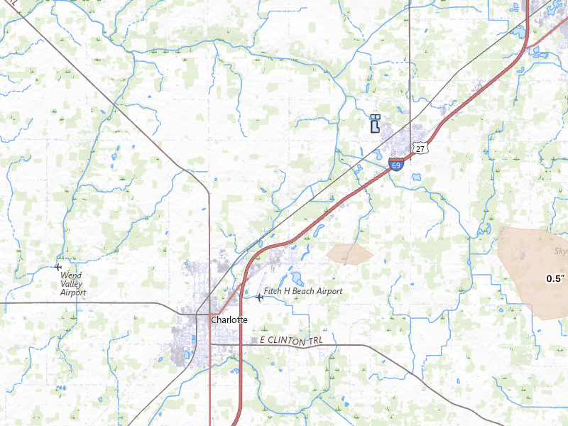 Radar-estimated hail-size map of the storm over Charlotte, MI on Jul 3, 2026