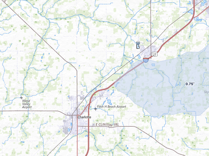 NEXRAD radar-signature map of the hail storm over Charlotte, MI on Jul 3, 2026
