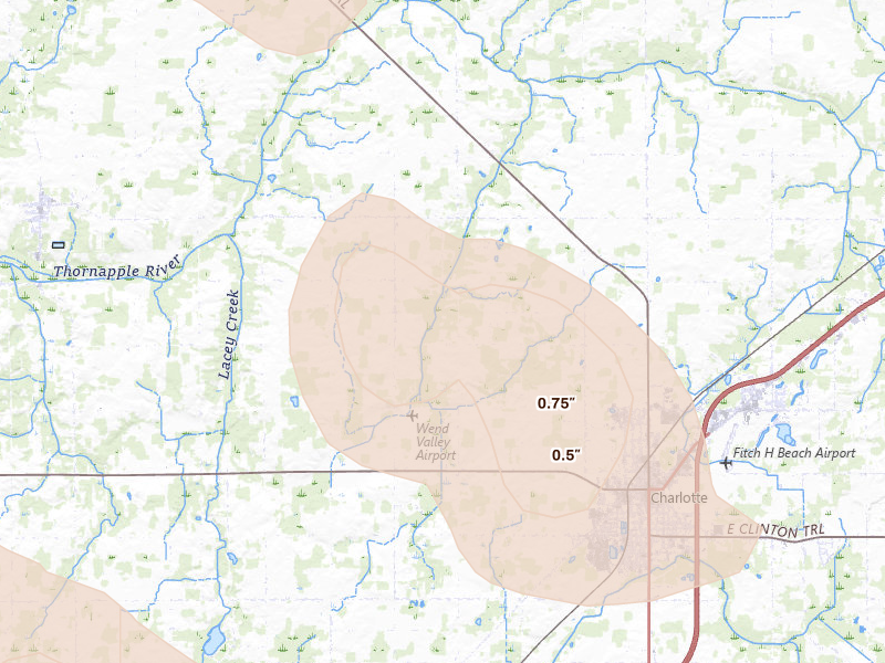 Radar-estimated hail-size map of the storm over Charlotte, MI