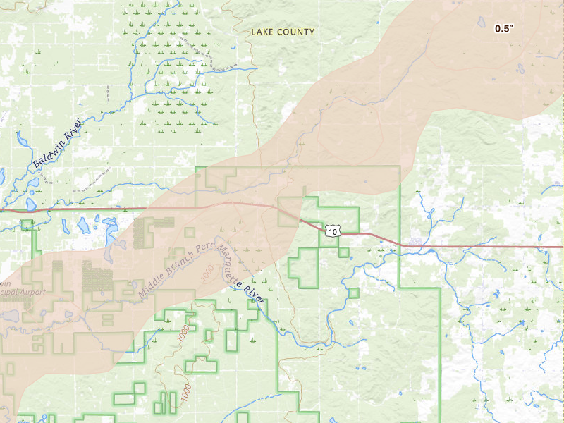 Radar-estimated hail-size map of the storm over Chase, MI on Apr 13, 2026