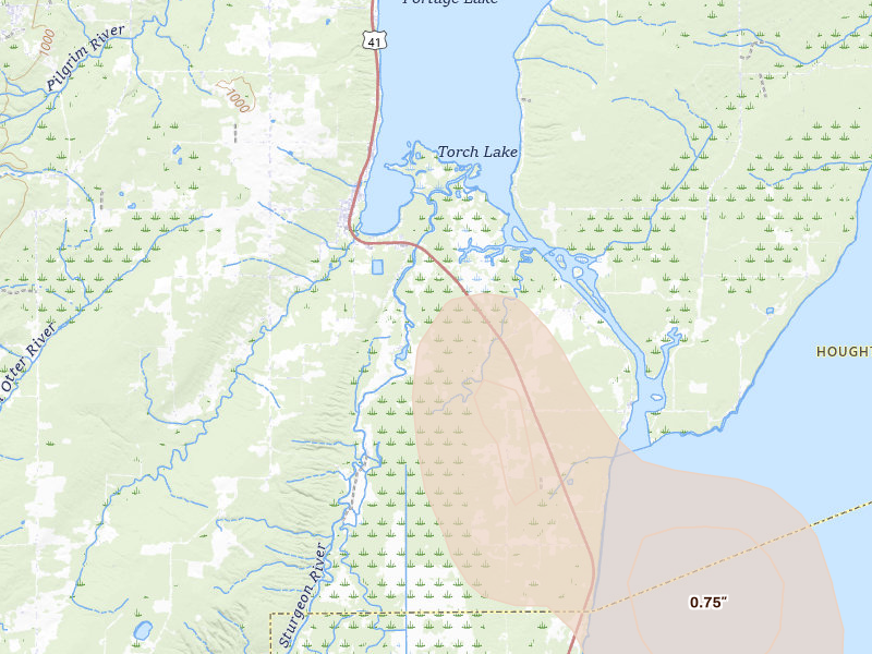 Radar-estimated hail-size map of the storm over Chassell, MI on Jul 12, 2026