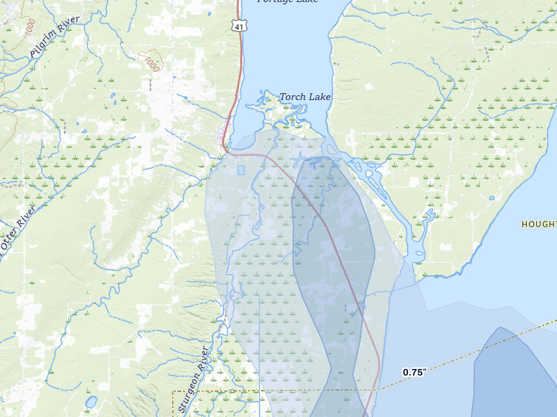 NEXRAD radar-signature map of the hail over Chassell, MI