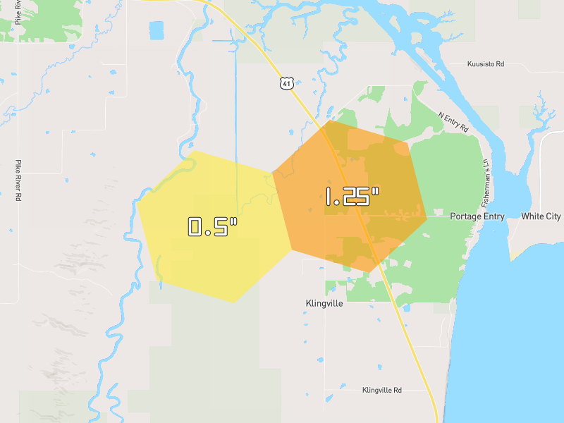 Hail map of Chassell, MI on Jul 12, 2026, hail up to 1.25"