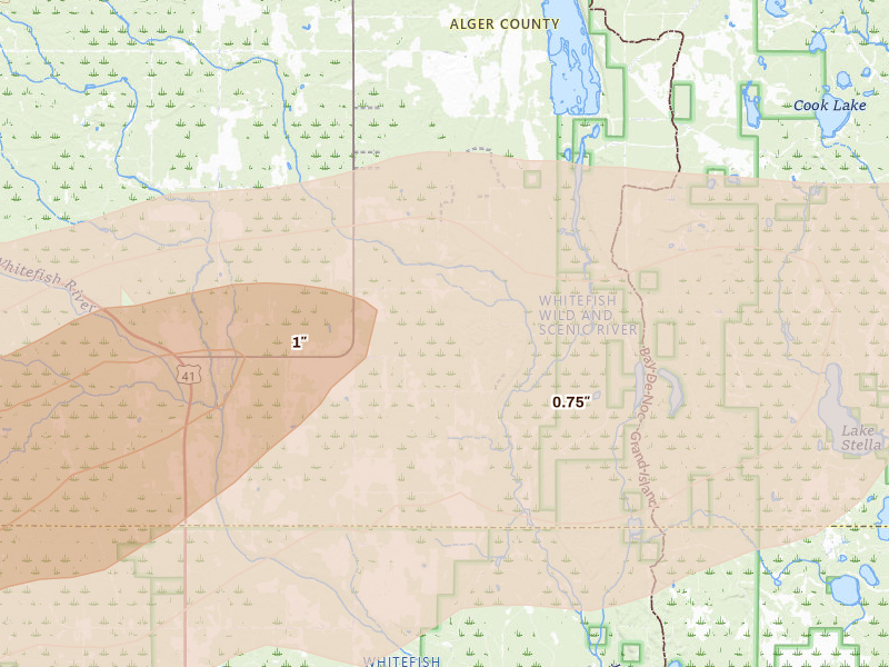Radar-estimated hail-size map of the storm over Chatham, MI on Jun 30, 2026
