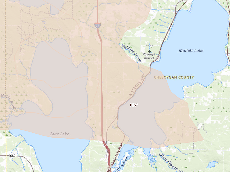 Radar-estimated hail-size map of the storm over Cheboygan, MI on Jun 29, 2026