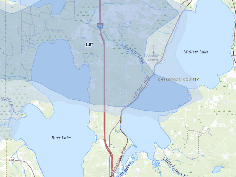 NEXRAD radar-signature map of the hail storm over Cheboygan, MI on Jun 29, 2026