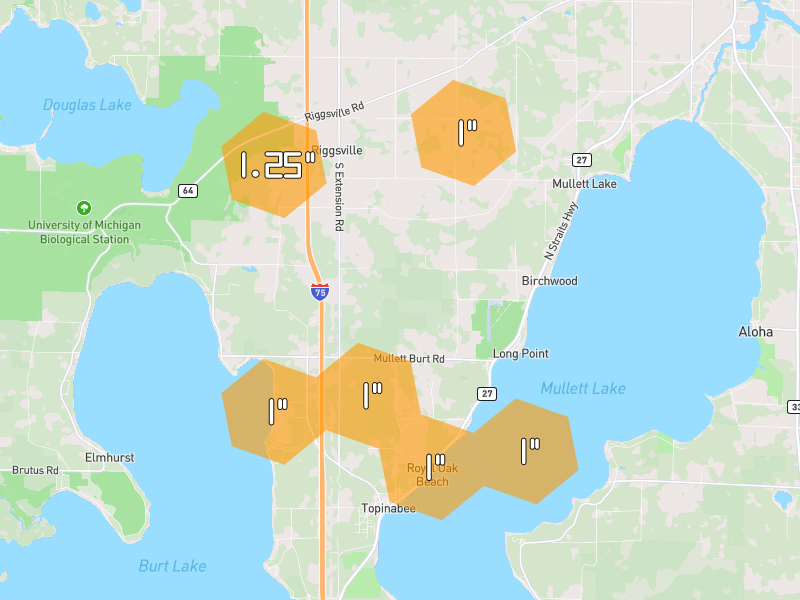 Hail map of Cheboygan, MI on Jun 29, 2026, hail up to 1.25"