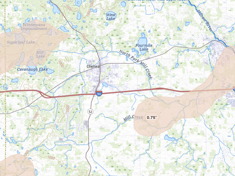 Radar-estimated hail-size map of the storm over Chelsea, MI on Jul 3, 2026